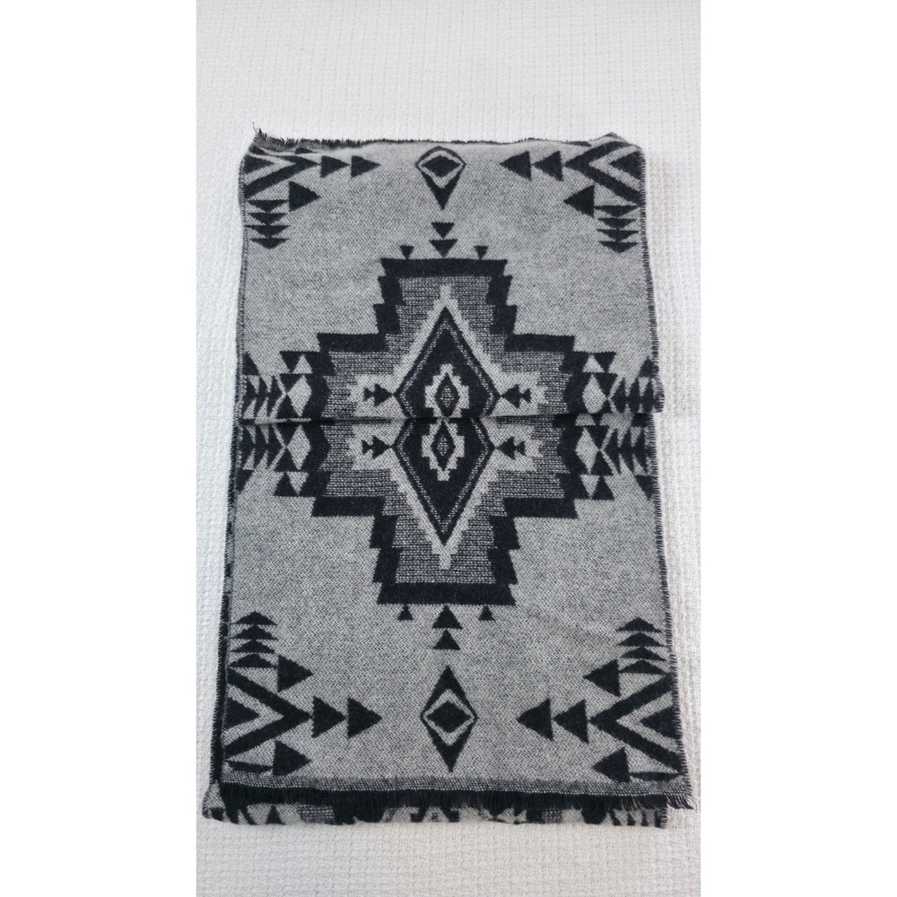 Pendleton Wool Scarf Unisex Grey Black Geometric Reversible Fringe - Picture 3 of 6